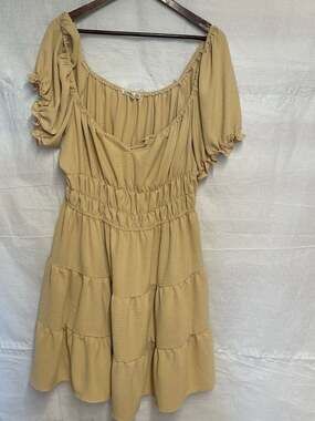 Liberty Love Beige Tiered Smocked Mini Dress with Puff Sleeves